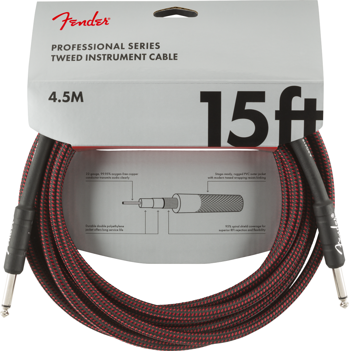15ft Fender Professional Series Instrument Cable Red Tweed